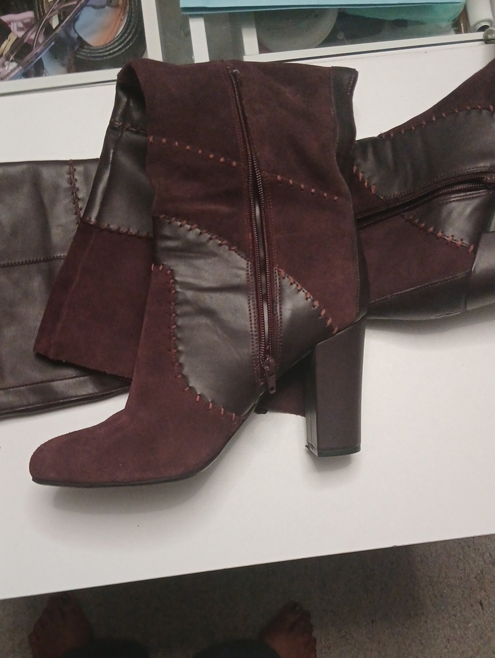 Bar III Burgundy Suede & Leather Patchwork Block Heel Boots